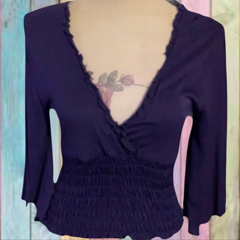 Dots Purple Deep V-neck Elastic Waist Detailed Top